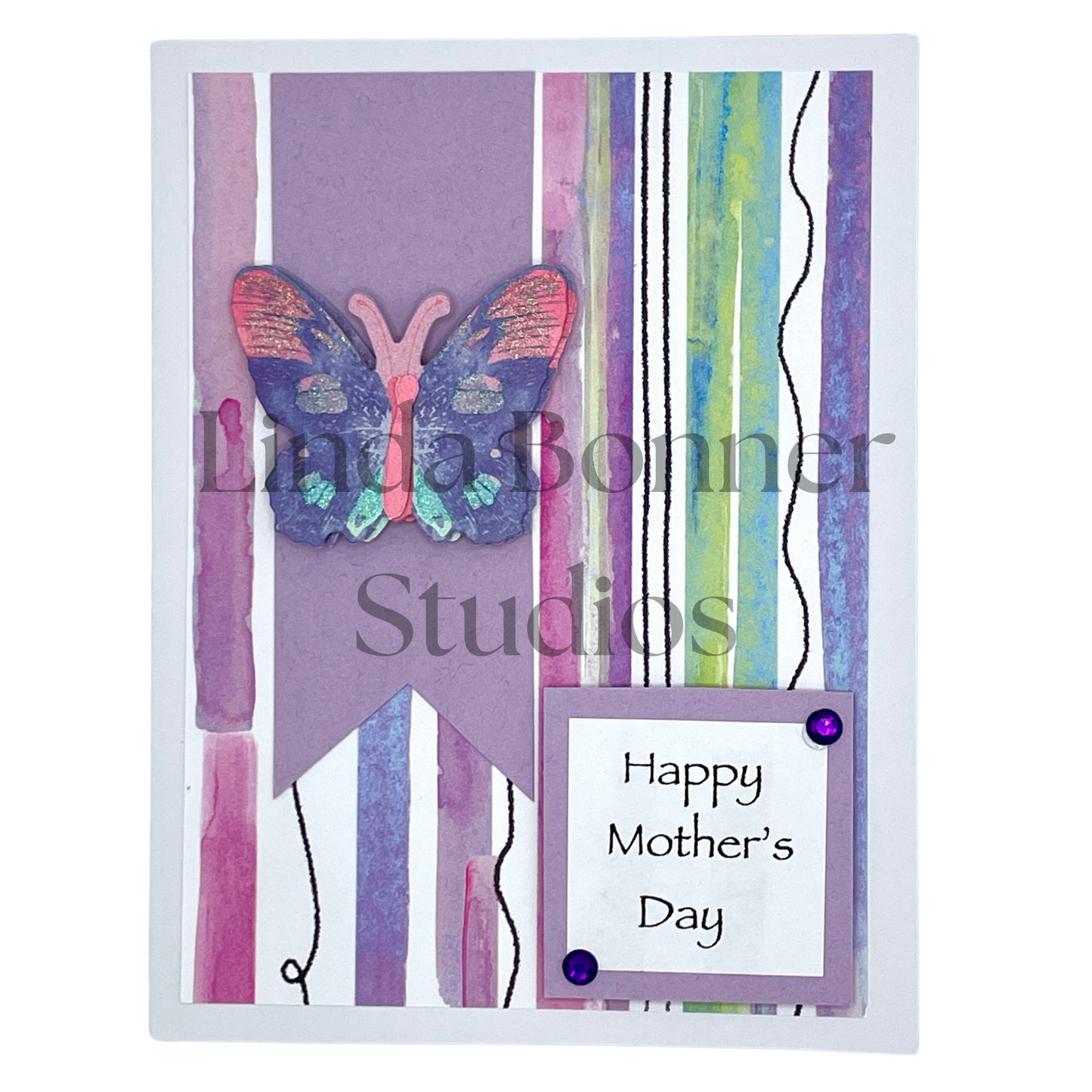 S121 - Mother's Day Card Pastel Stripes with Purple Butterfly