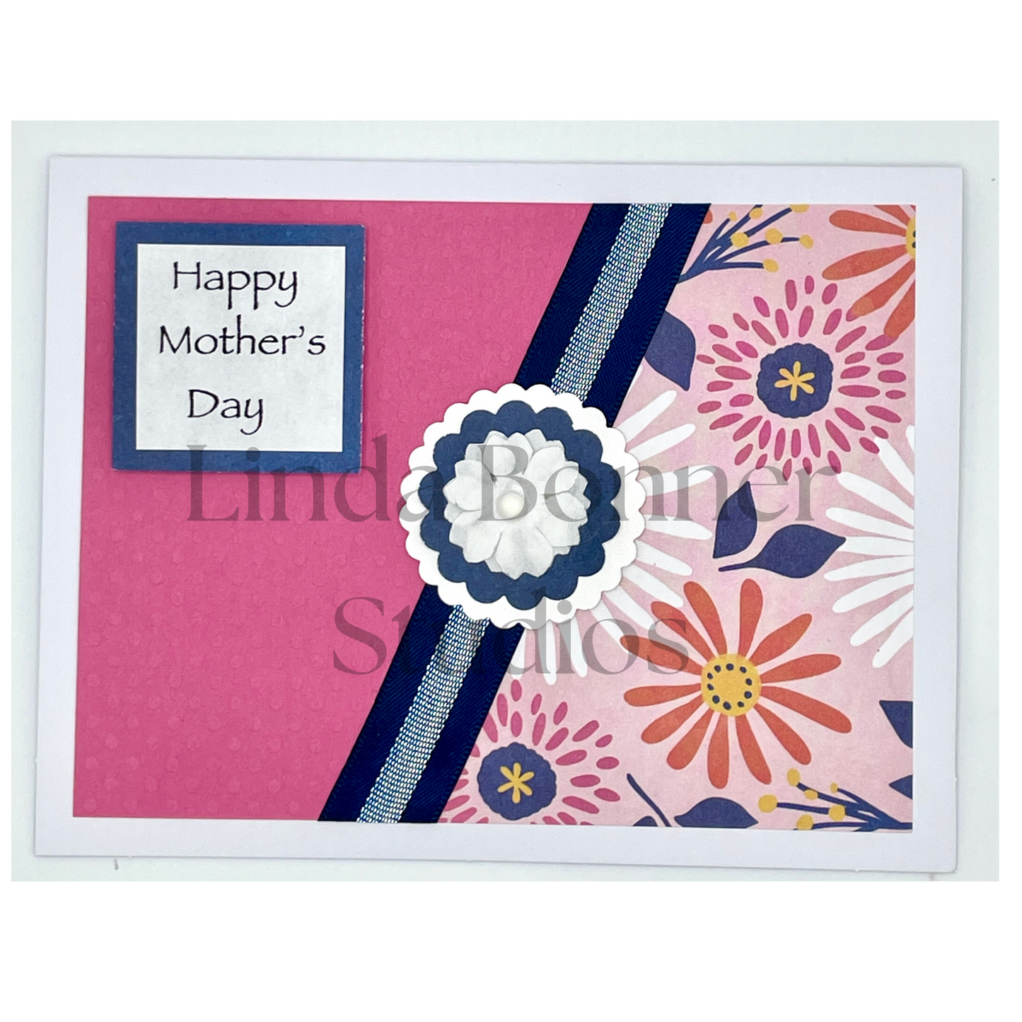 S123 - Mother's Day Card Bright Pink Floral with Navy Accents