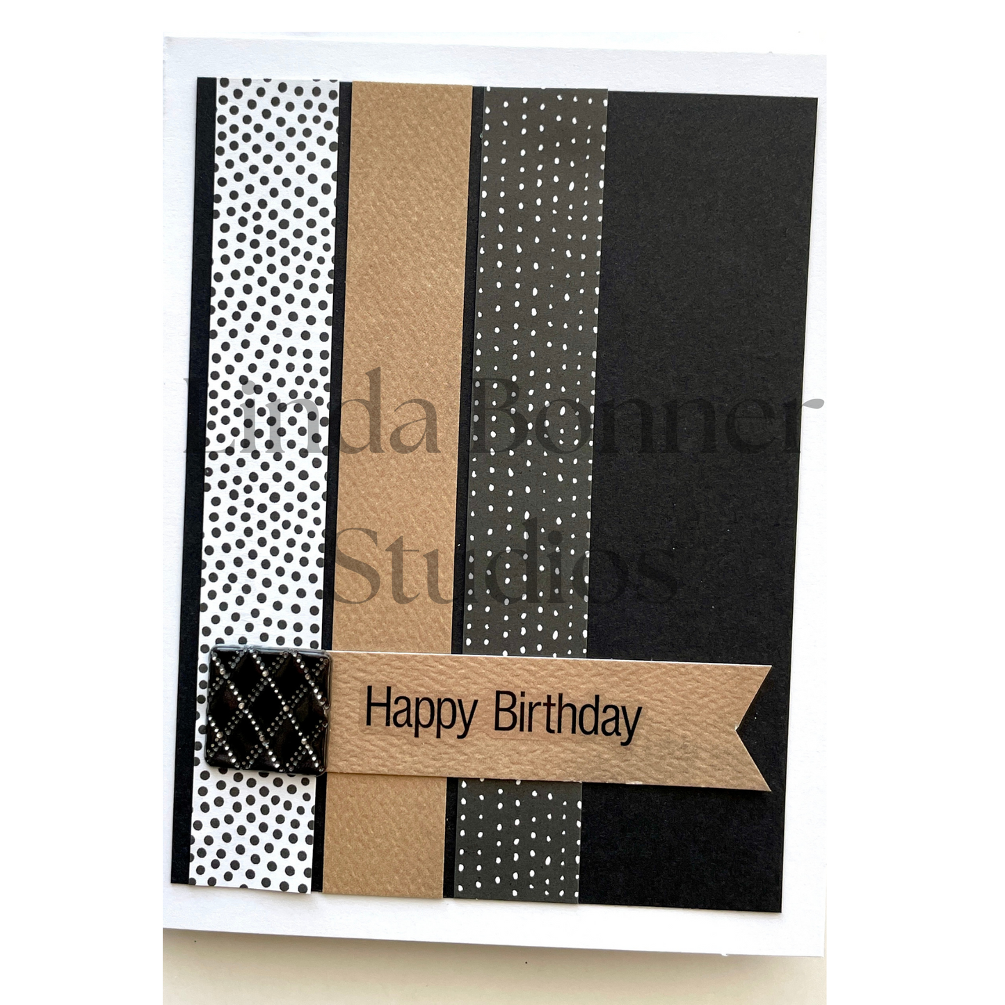 S066 Happy Birthday with Black Medallion, White, Gold