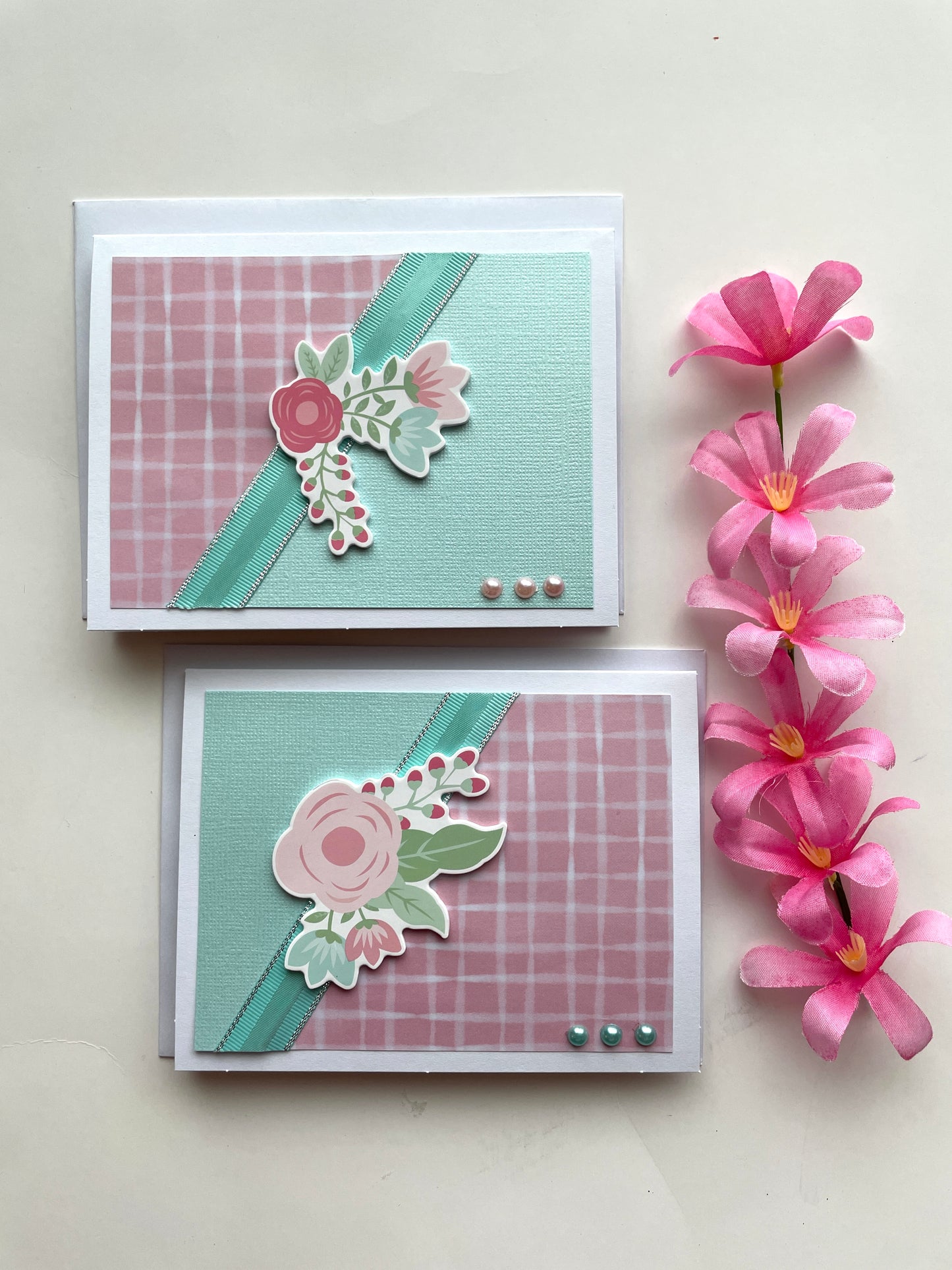 N098 - Everyday Note Card Pink and Mint Floral with Pearls