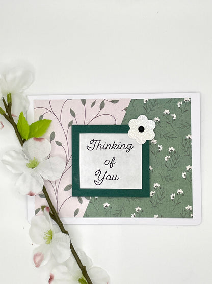 E188 - Get Well & Thinking of You Cards - White flowers on Green