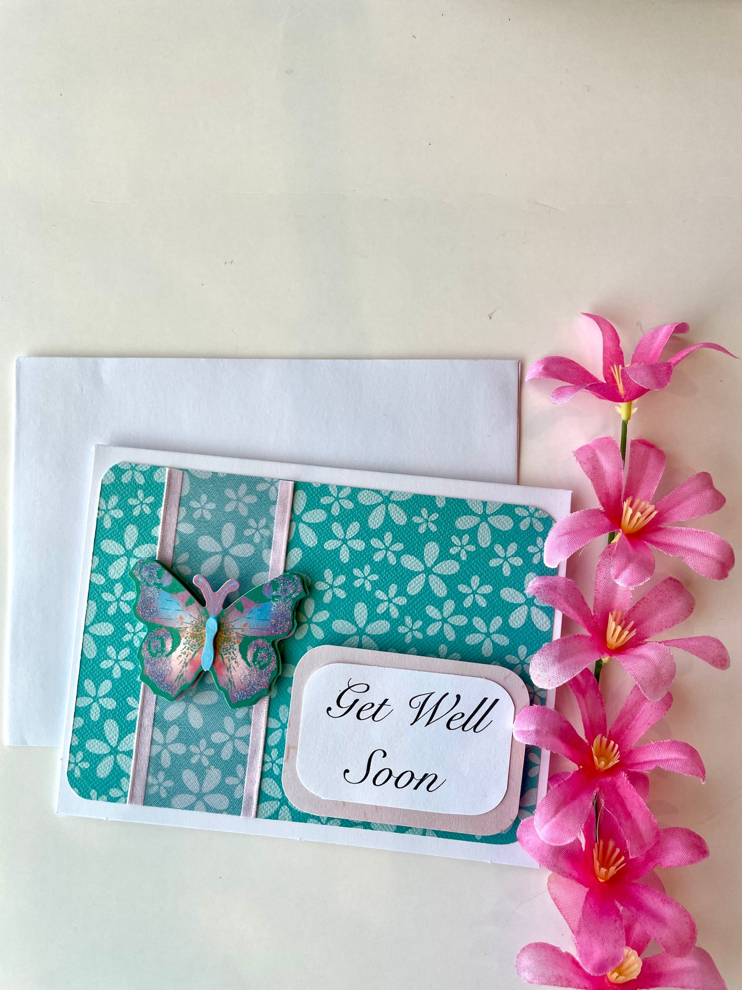 S050 - Get Well Card Teal and Pink Butterfly