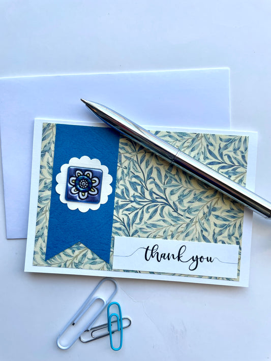 T108 Thank You Note Card Blue Leaves