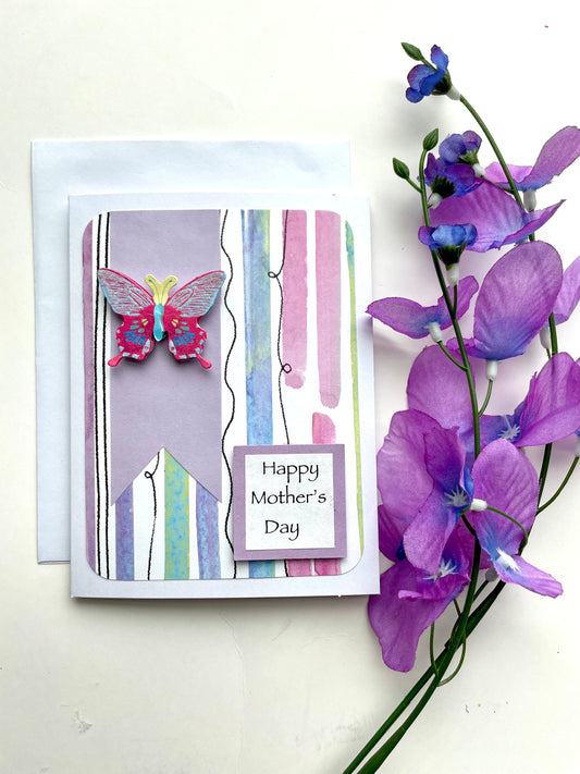 S121 - Mother's Day Card Pastel Stripes with Purple Butterfly