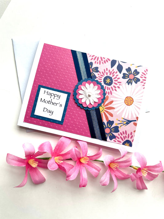 S123 - Mother's Day Card Bright Pink Floral with Navy Accents