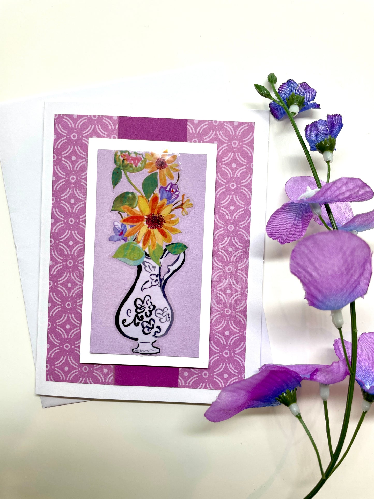 S144 Get Well Notecard in Purple with Flowers in Vase