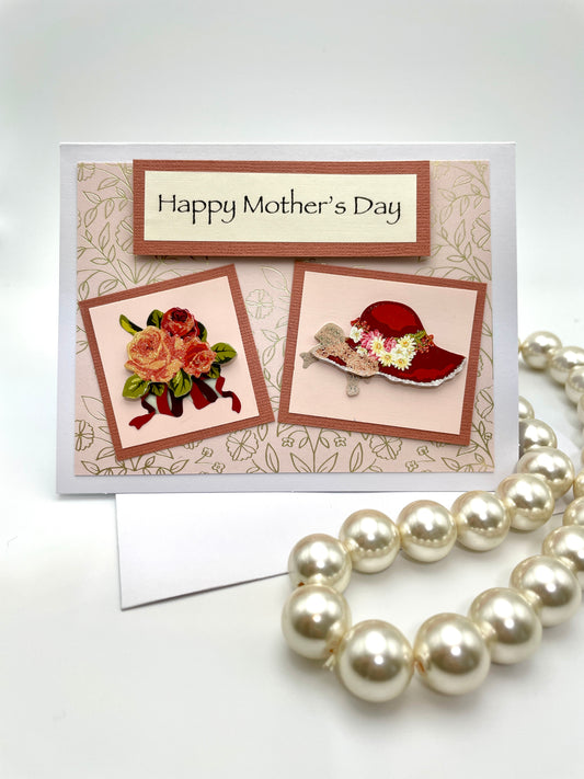 S154 - Mother's Day Card - Vintage Style Bouquet and Hat