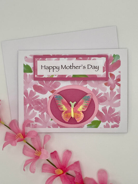 S161 - Mother's Day Card - Pink Floral with Butterfly